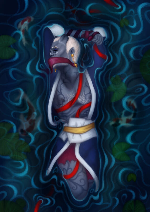 finished artwork of a gray-skinned tiefling man with cropped horns floating in a koi pond, with his blue robe loosely floating around him and a red ribbon snaking around his body