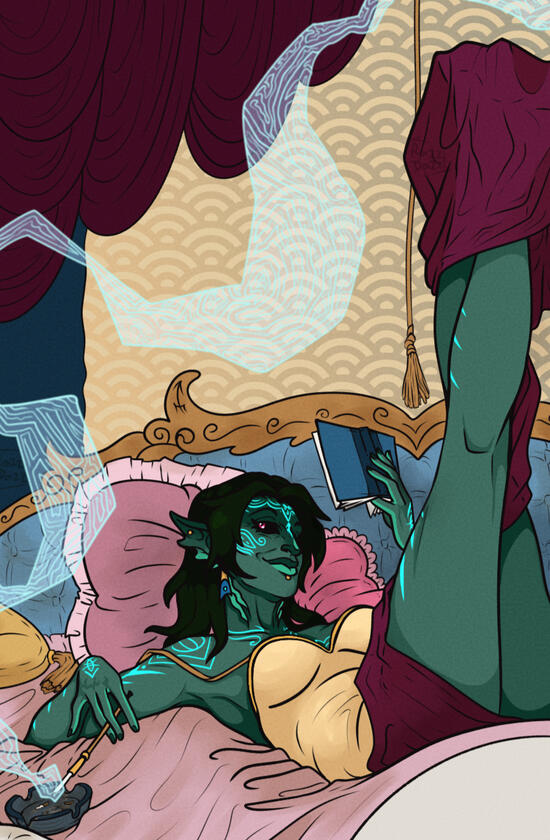 art of Tiffany posed in bed with her legs in the air as she smiles flirtatiously and holds a cigarette and book.