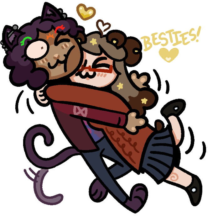 Cartoony art Razz drew of their friends Kit and Bear hugging