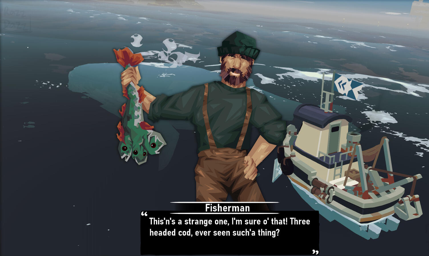 stylized art of a fisherman holding up a three headed cod fish