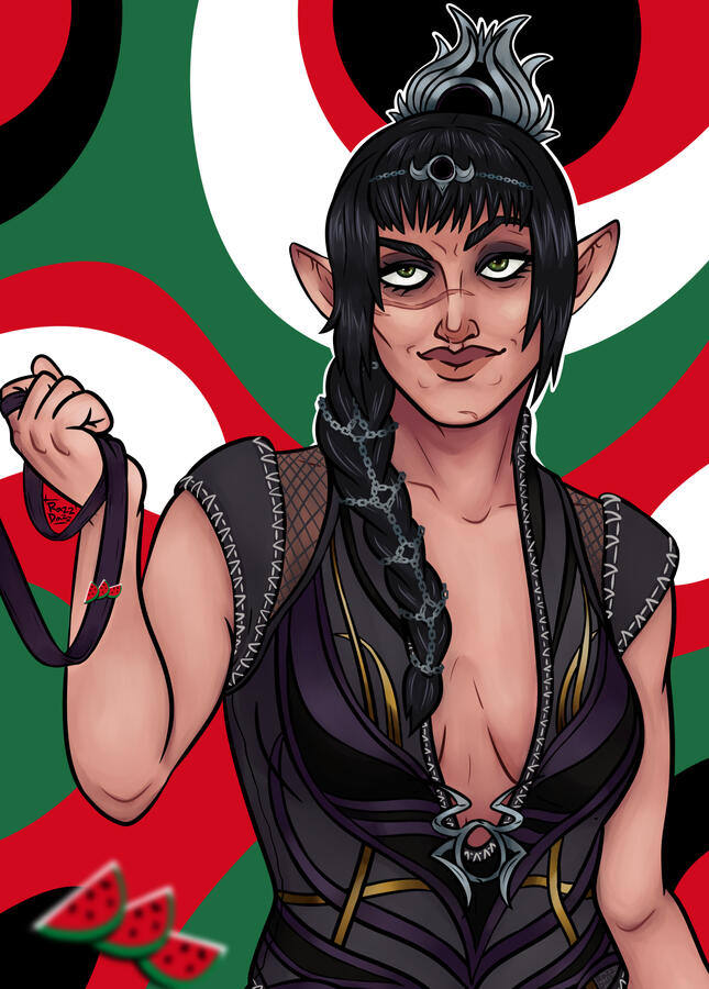 fan art of Shadowheart from Baldur's Gate 3 smirking and holding a leash