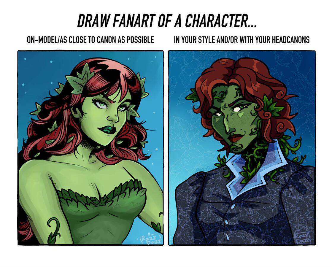 Fanart style challenge of Poison Ivy from DC comics - on the left is a comic-accurate rendition of Poison Ivy with her long red hair and green outfit, and on the right is a variant of Poison Ivy with shorter curling hair and wearing a blue blouse.