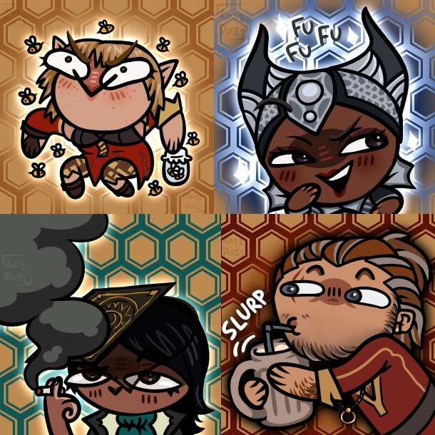 4 stylized emotes of dragon age characters - Sera with her bees, Vivienne de fer laughing smugly, Neve Gallus smoking, and Varric Tethras slurping from a mug