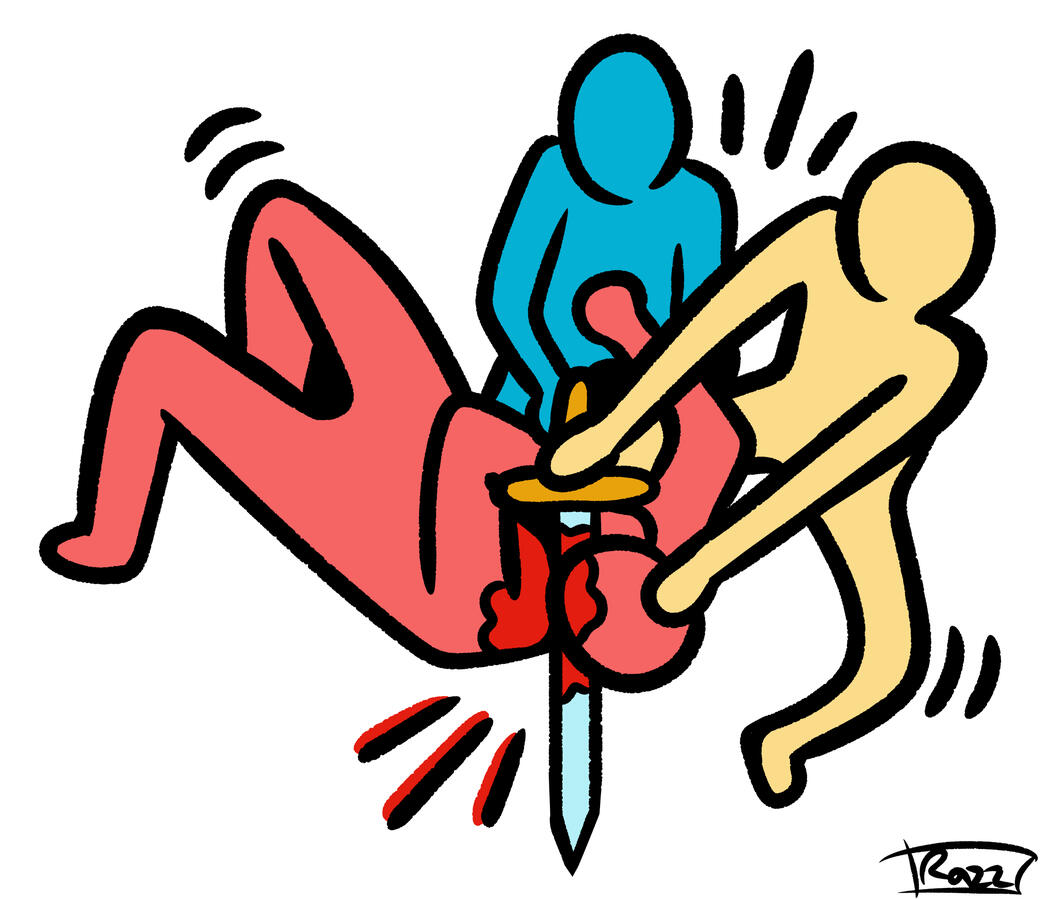 art in the cartoony style of Keith Haring of Judith Slaying Holofernes